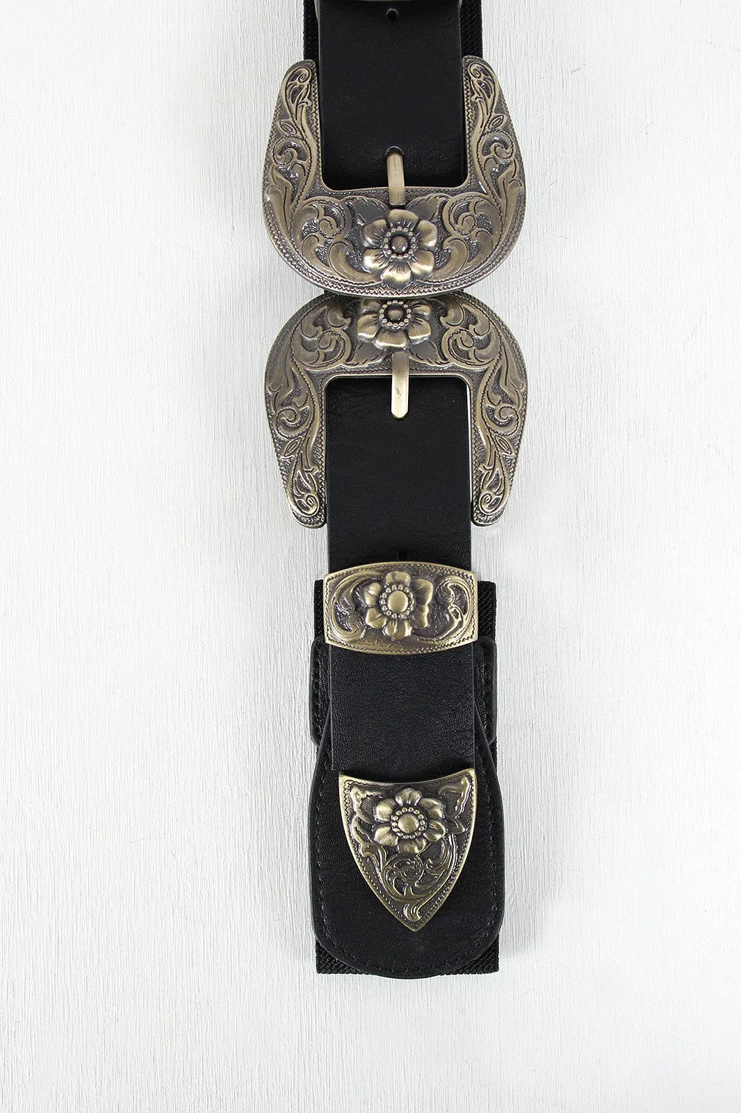 Ornate Flower Double Buckle Elastic Belt
