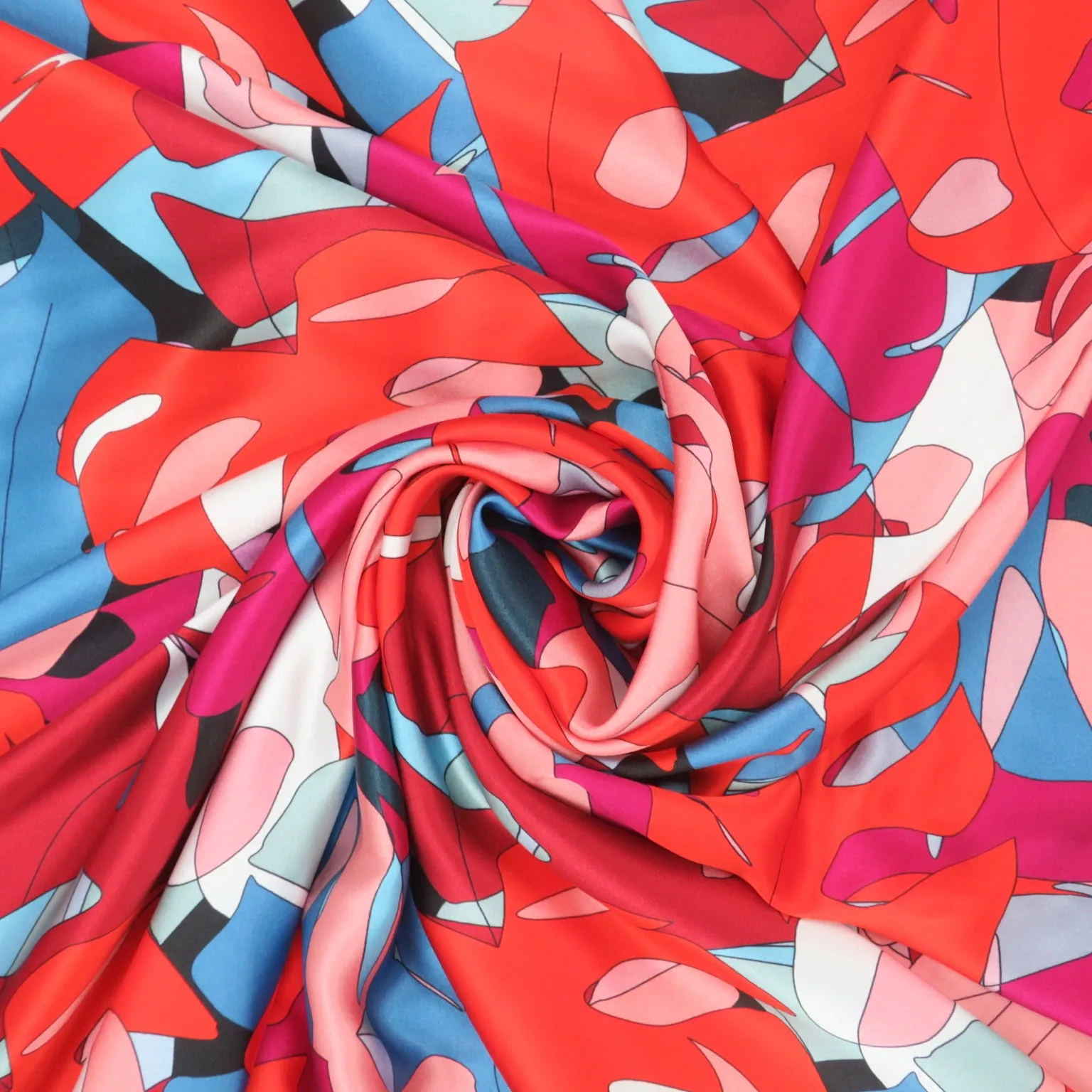 Pink, Red and Blue Abstract Monstera Leaves Printed Silk Charmeuse Fabric