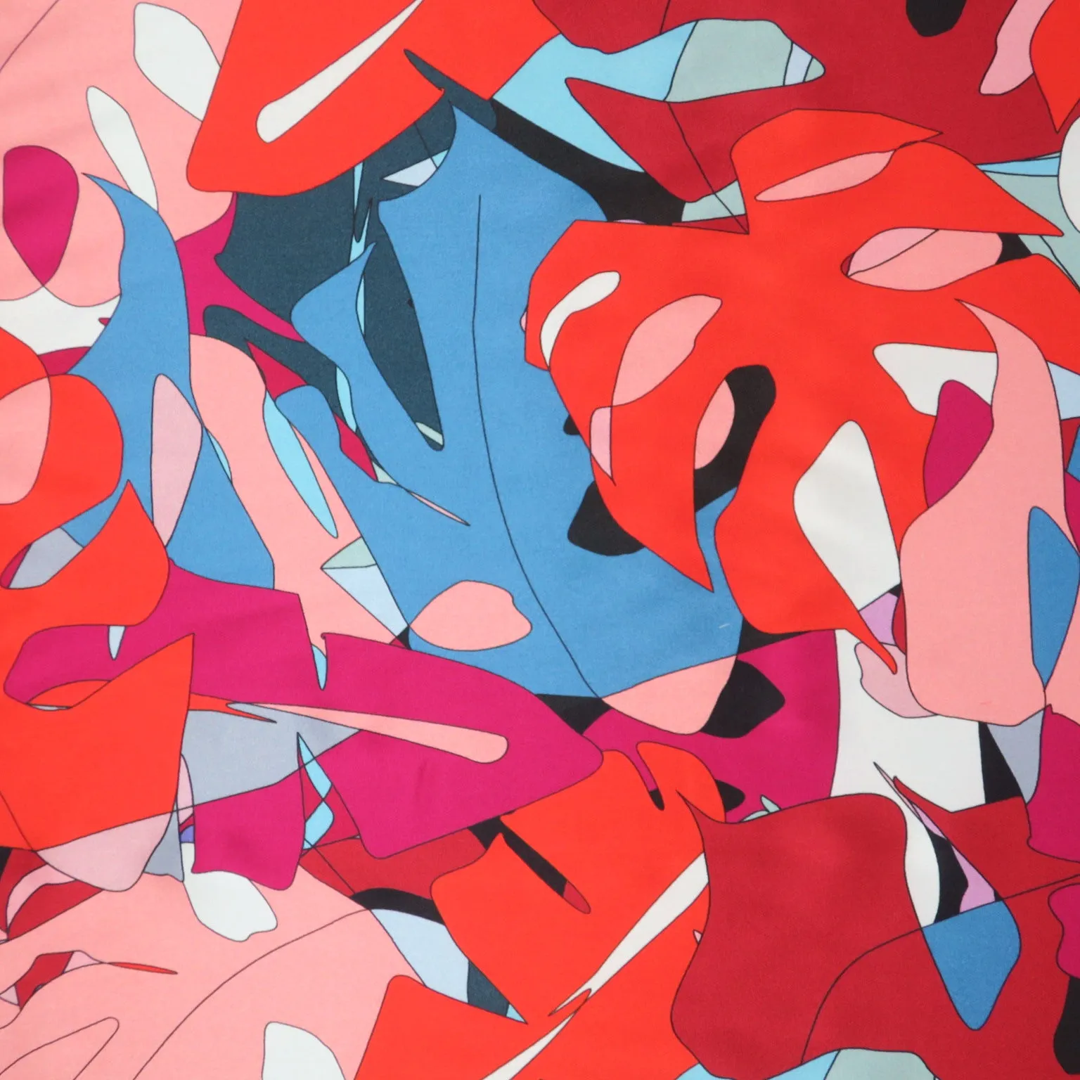 Pink, Red and Blue Abstract Monstera Leaves Printed Silk Charmeuse Fabric
