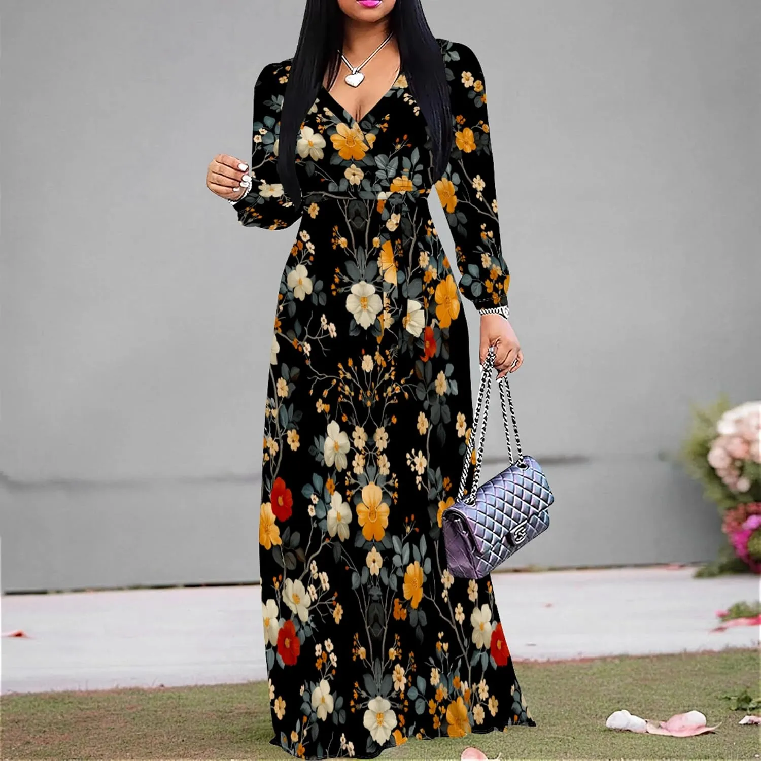 Plus Size Dresses for Women Floral Print Maxi Dress Flowy 3/4 Sleeve with Belt