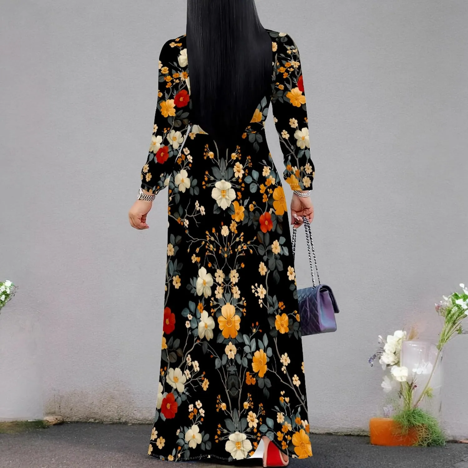 Plus Size Dresses for Women Floral Print Maxi Dress Flowy 3/4 Sleeve with Belt