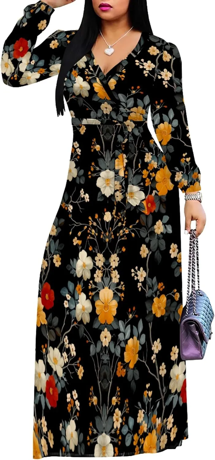 Plus Size Dresses for Women Floral Print Maxi Dress Flowy 3/4 Sleeve with Belt