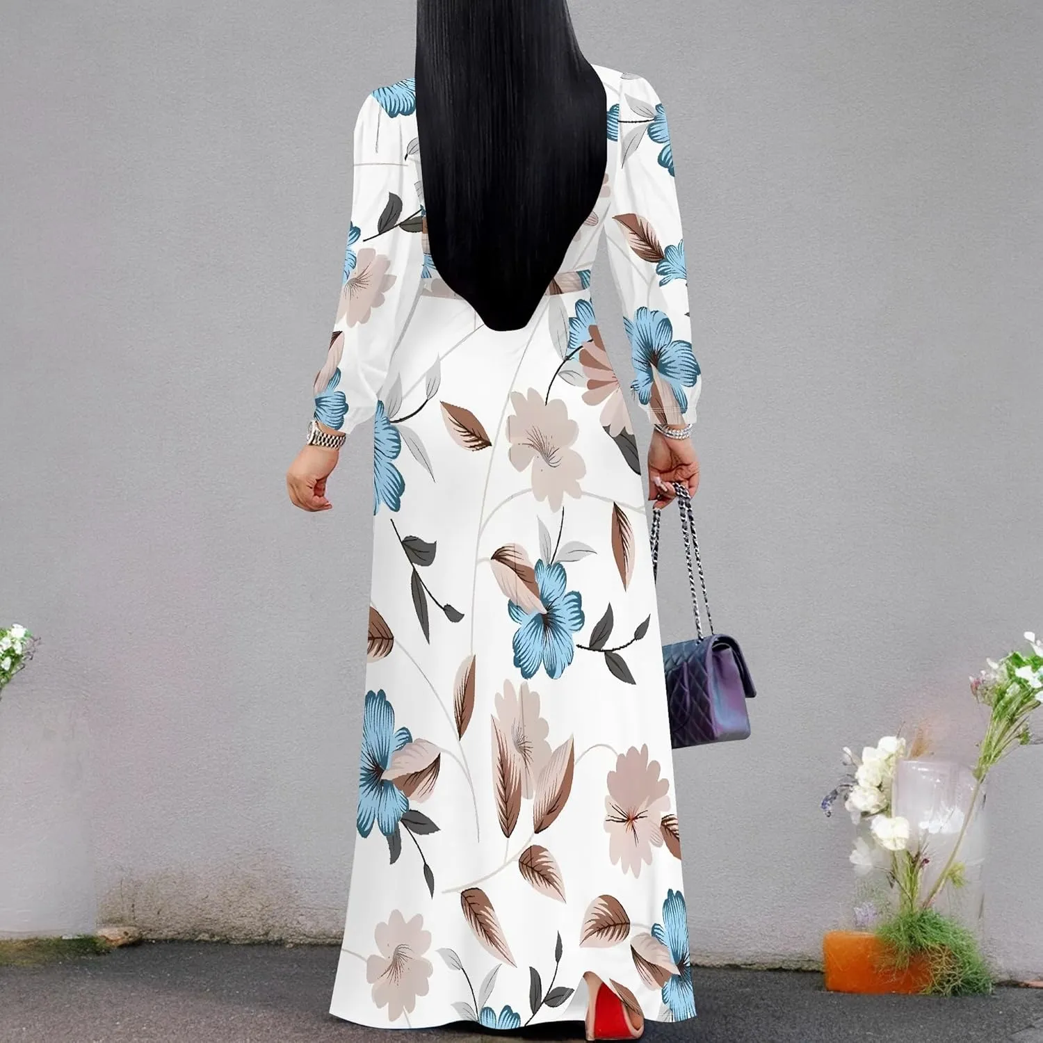 Plus Size Dresses for Women Floral Print Maxi Dress Flowy 3/4 Sleeve with Belt