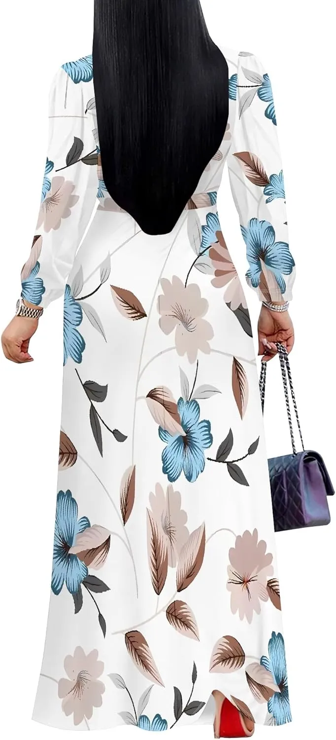 Plus Size Dresses for Women Floral Print Maxi Dress Flowy 3/4 Sleeve with Belt