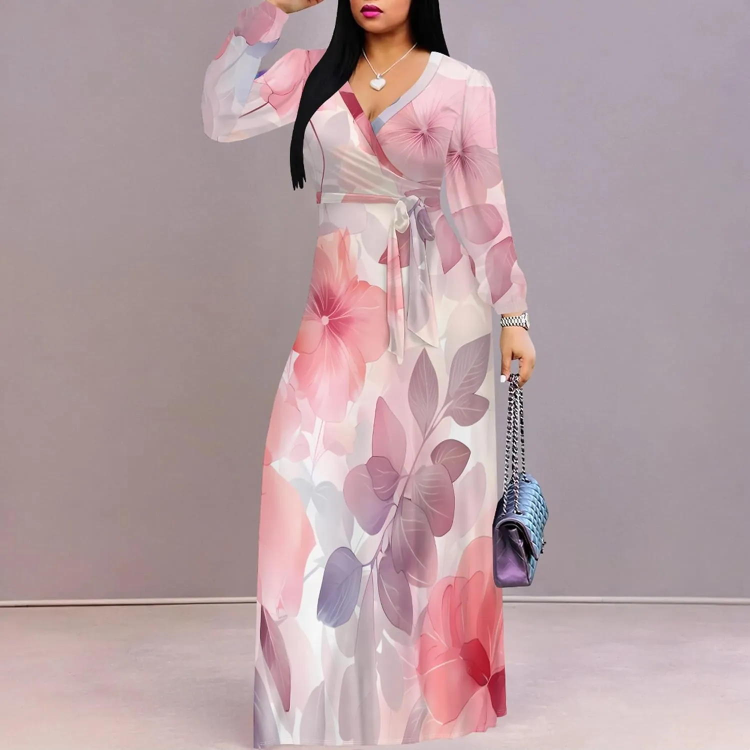 Plus Size Dresses for Women Floral Print Maxi Dress Flowy 3/4 Sleeve with Belt