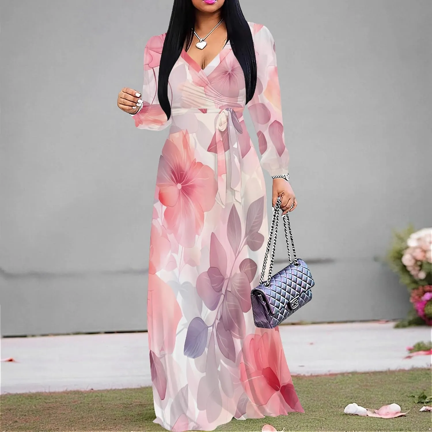 Plus Size Dresses for Women Floral Print Maxi Dress Flowy 3/4 Sleeve with Belt