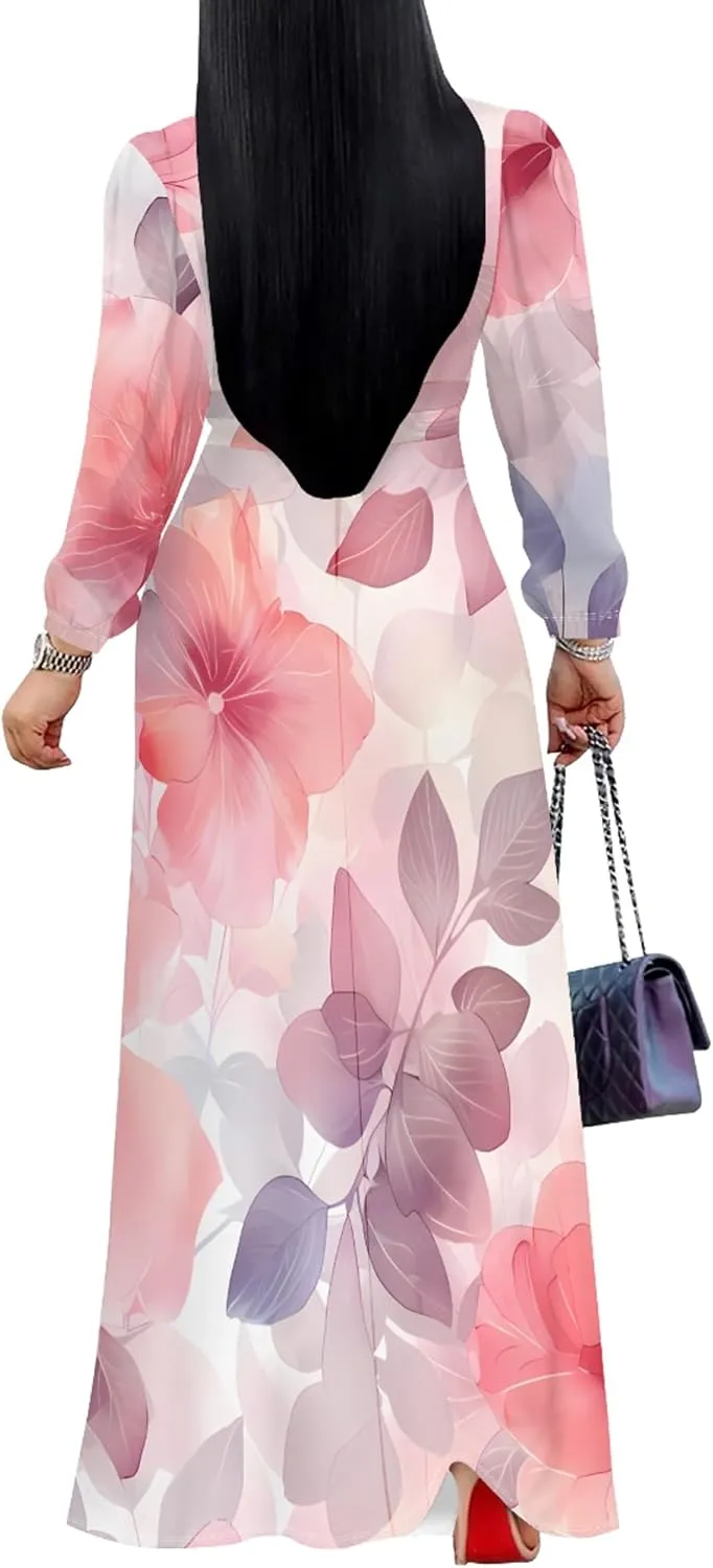 Plus Size Dresses for Women Floral Print Maxi Dress Flowy 3/4 Sleeve with Belt