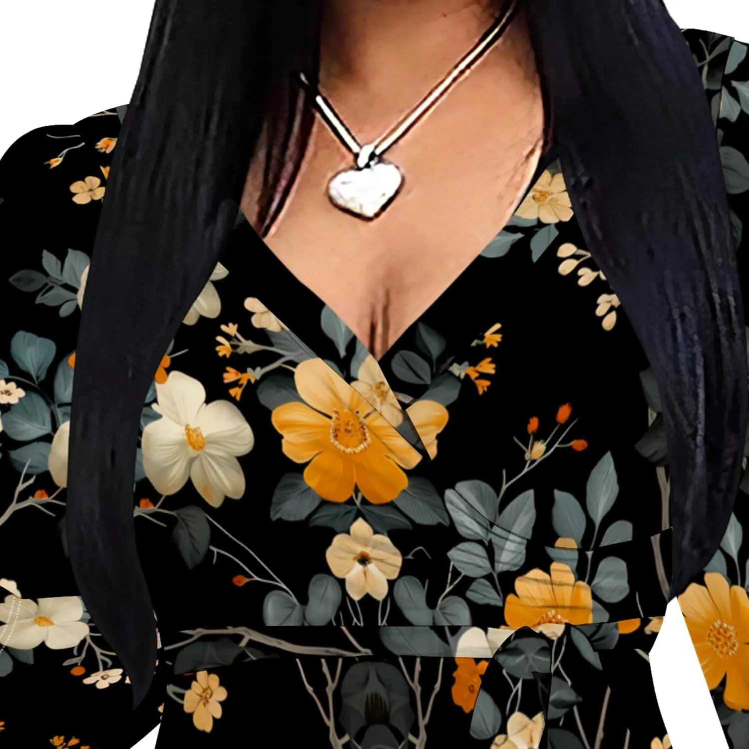 Plus Size Dresses for Women Floral Print Maxi Dress Flowy 3/4 Sleeve with Belt