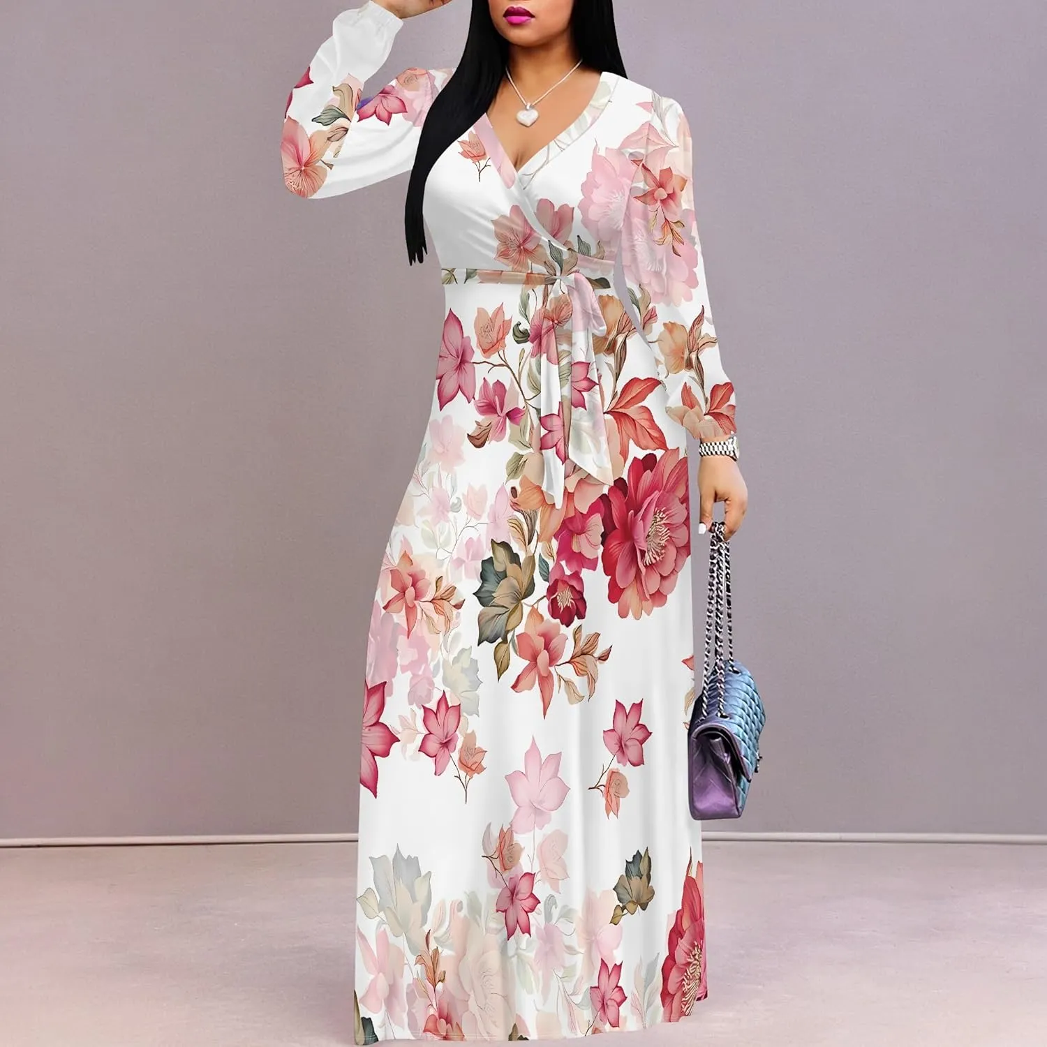 Plus Size Dresses for Women Floral Print Maxi Dress Flowy 3/4 Sleeve with Belt