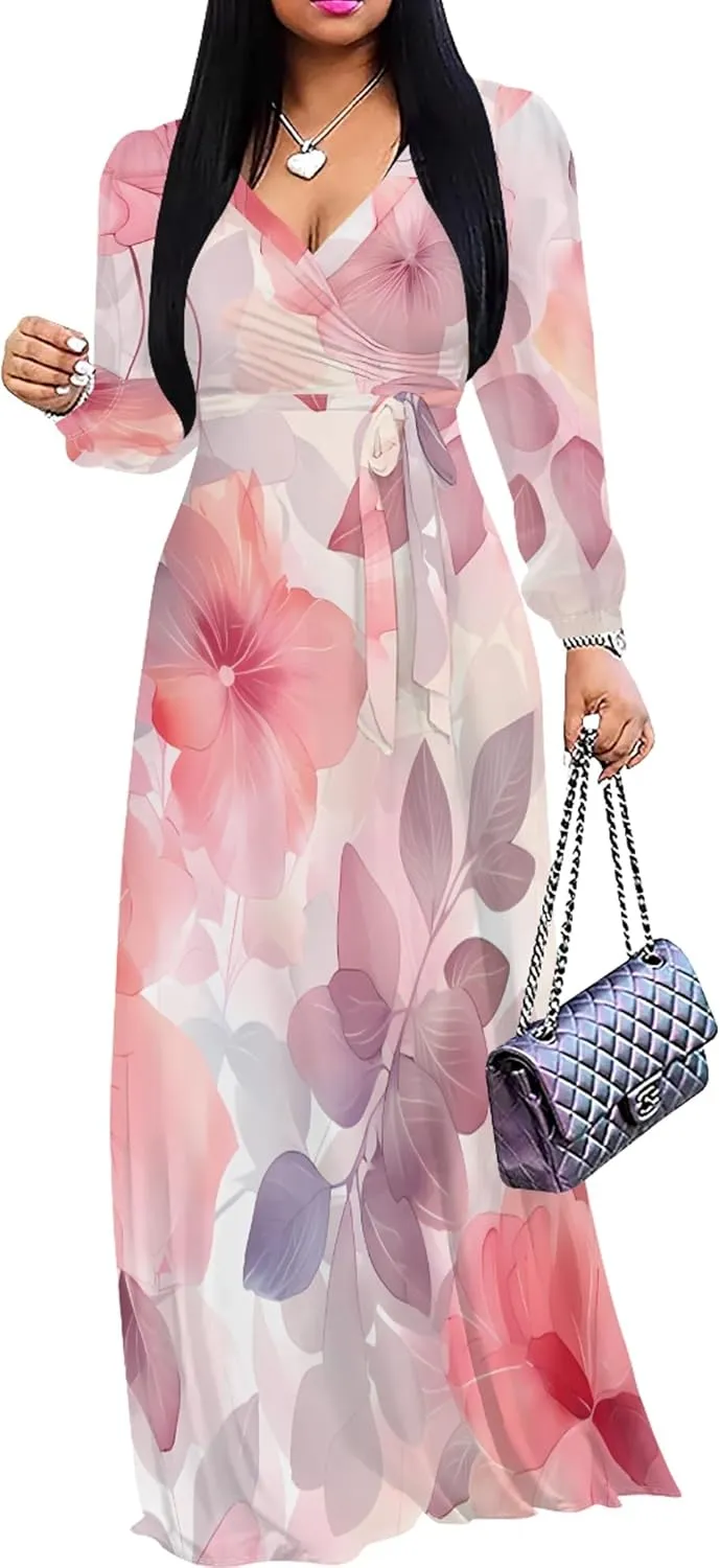Plus Size Dresses for Women Floral Print Maxi Dress Flowy 3/4 Sleeve with Belt