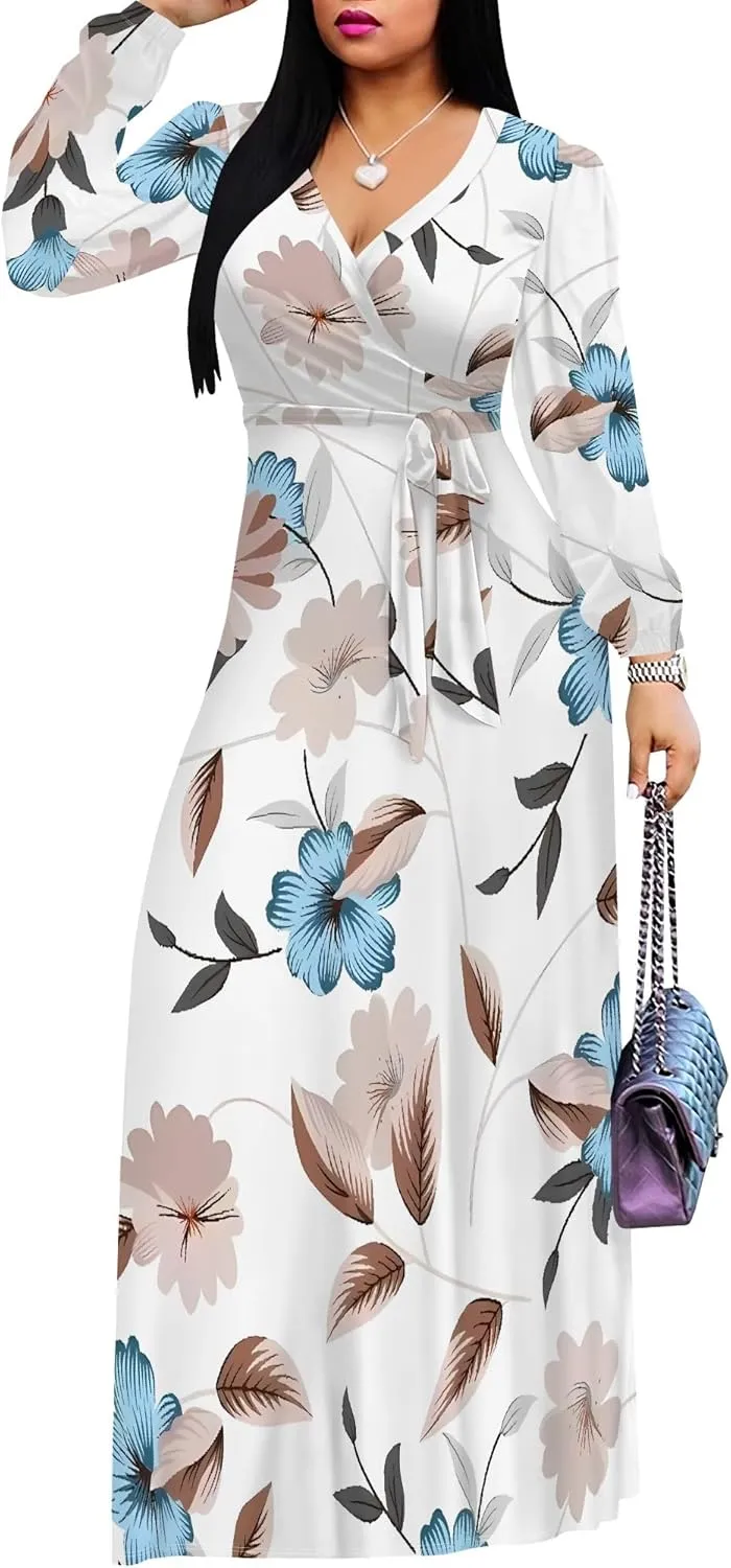Plus Size Dresses for Women Floral Print Maxi Dress Flowy 3/4 Sleeve with Belt