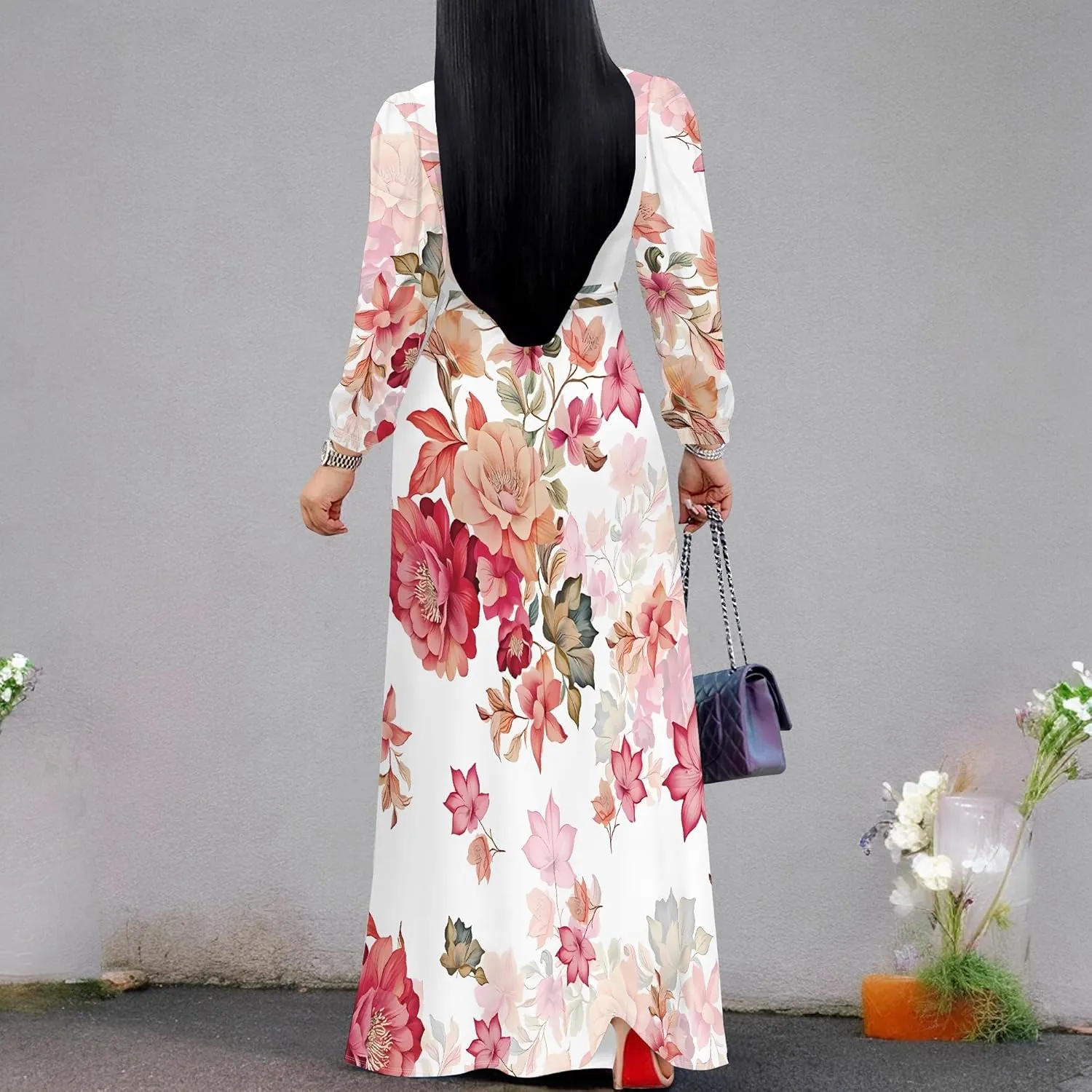 Plus Size Dresses for Women Floral Print Maxi Dress Flowy 3/4 Sleeve with Belt