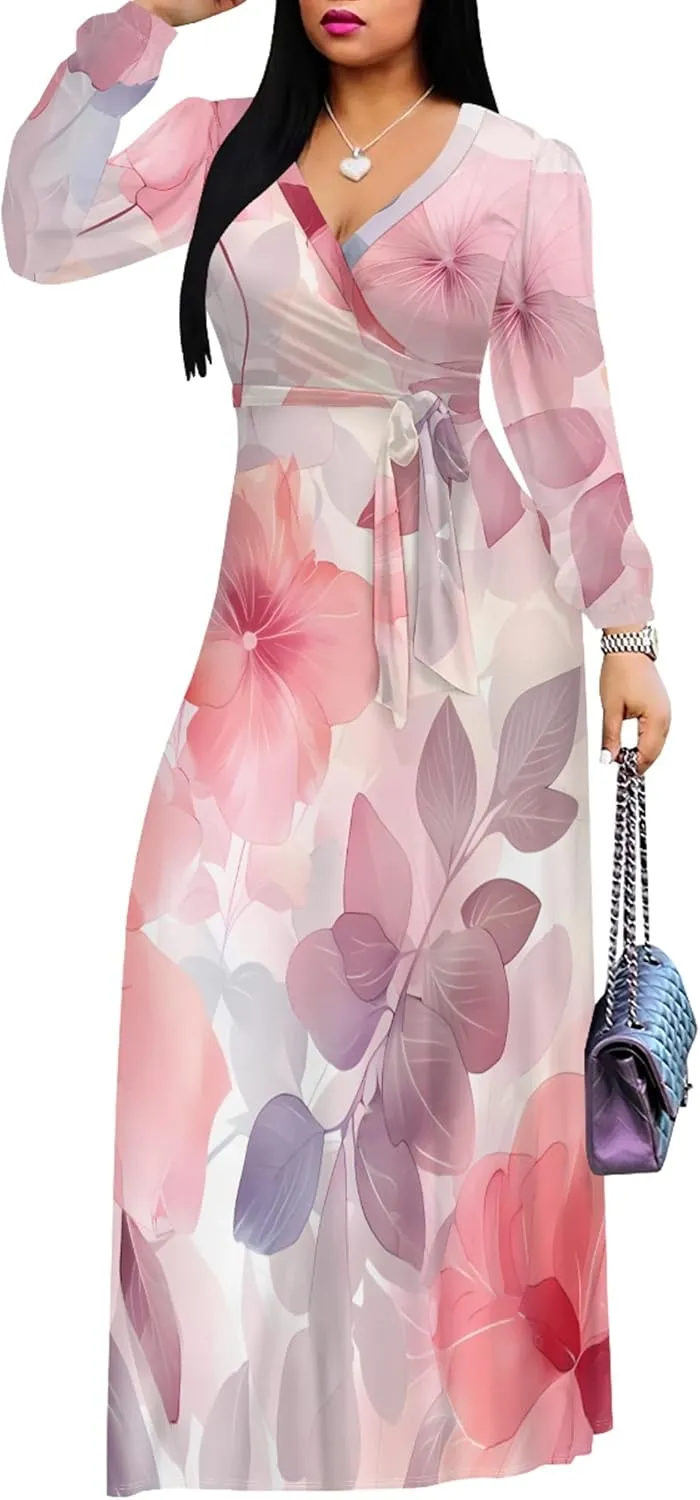 Plus Size Dresses for Women Floral Print Maxi Dress Flowy 3/4 Sleeve with Belt