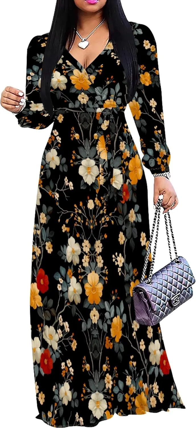 Plus Size Dresses for Women Floral Print Maxi Dress Flowy 3/4 Sleeve with Belt
