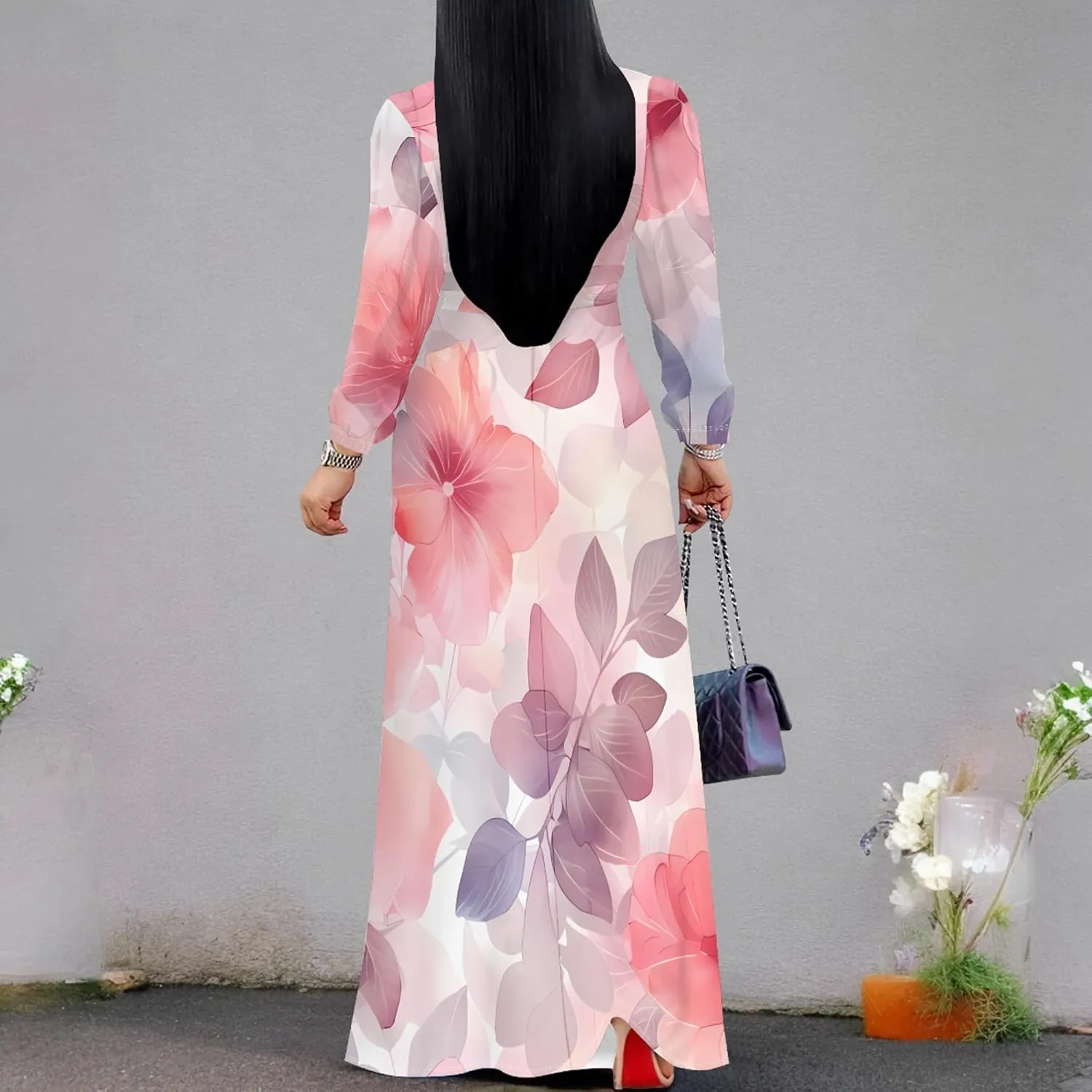 Plus Size Dresses for Women Floral Print Maxi Dress Flowy 3/4 Sleeve with Belt