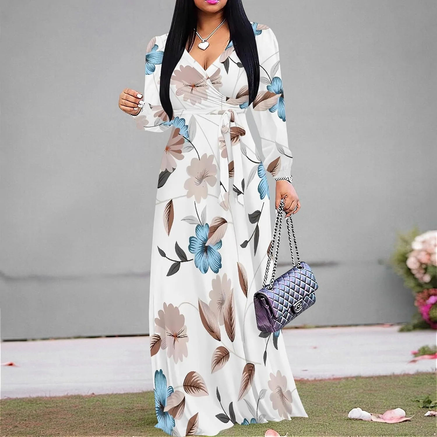 Plus Size Dresses for Women Floral Print Maxi Dress Flowy 3/4 Sleeve with Belt