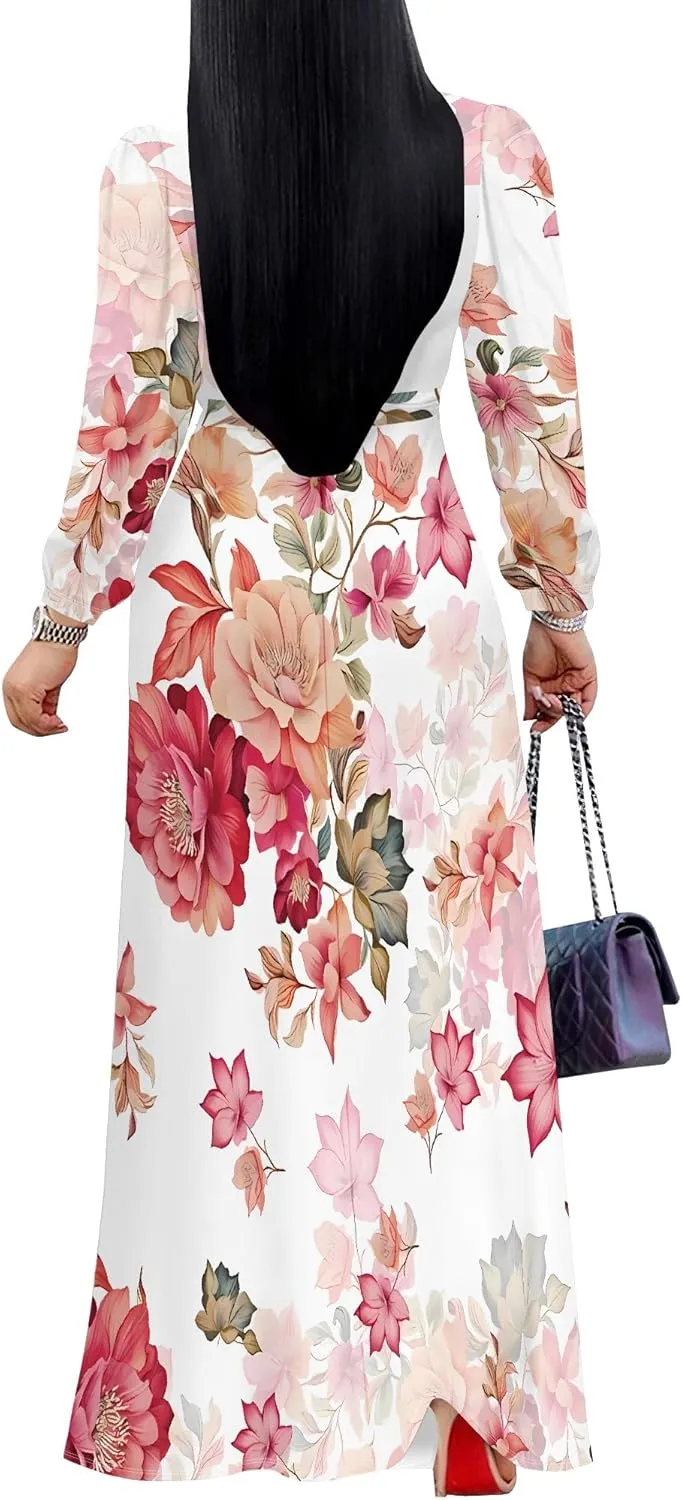 Plus Size Dresses for Women Floral Print Maxi Dress Flowy 3/4 Sleeve with Belt
