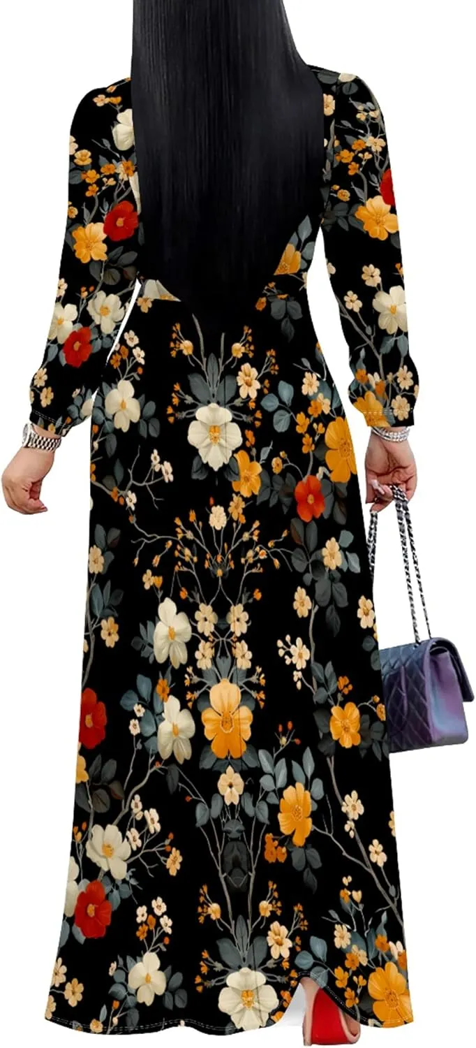 Plus Size Dresses for Women Floral Print Maxi Dress Flowy 3/4 Sleeve with Belt