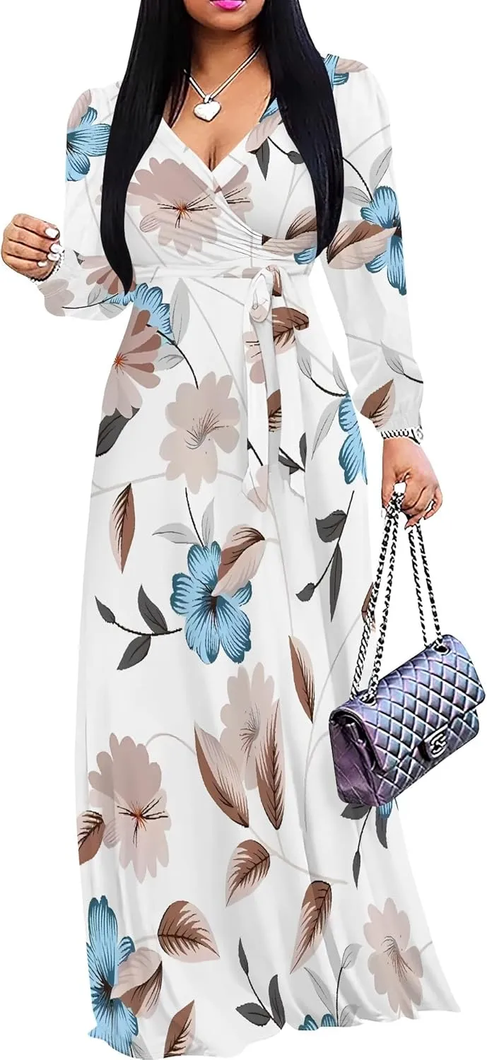 Plus Size Dresses for Women Floral Print Maxi Dress Flowy 3/4 Sleeve with Belt