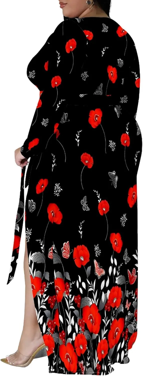 Plus Size Dresses for Women Floral Print Maxi Dress Slit Flowy 3/4 Sleeve with Belt
