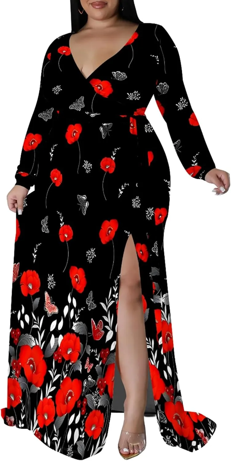 Plus Size Dresses for Women Floral Print Maxi Dress Slit Flowy 3/4 Sleeve with Belt