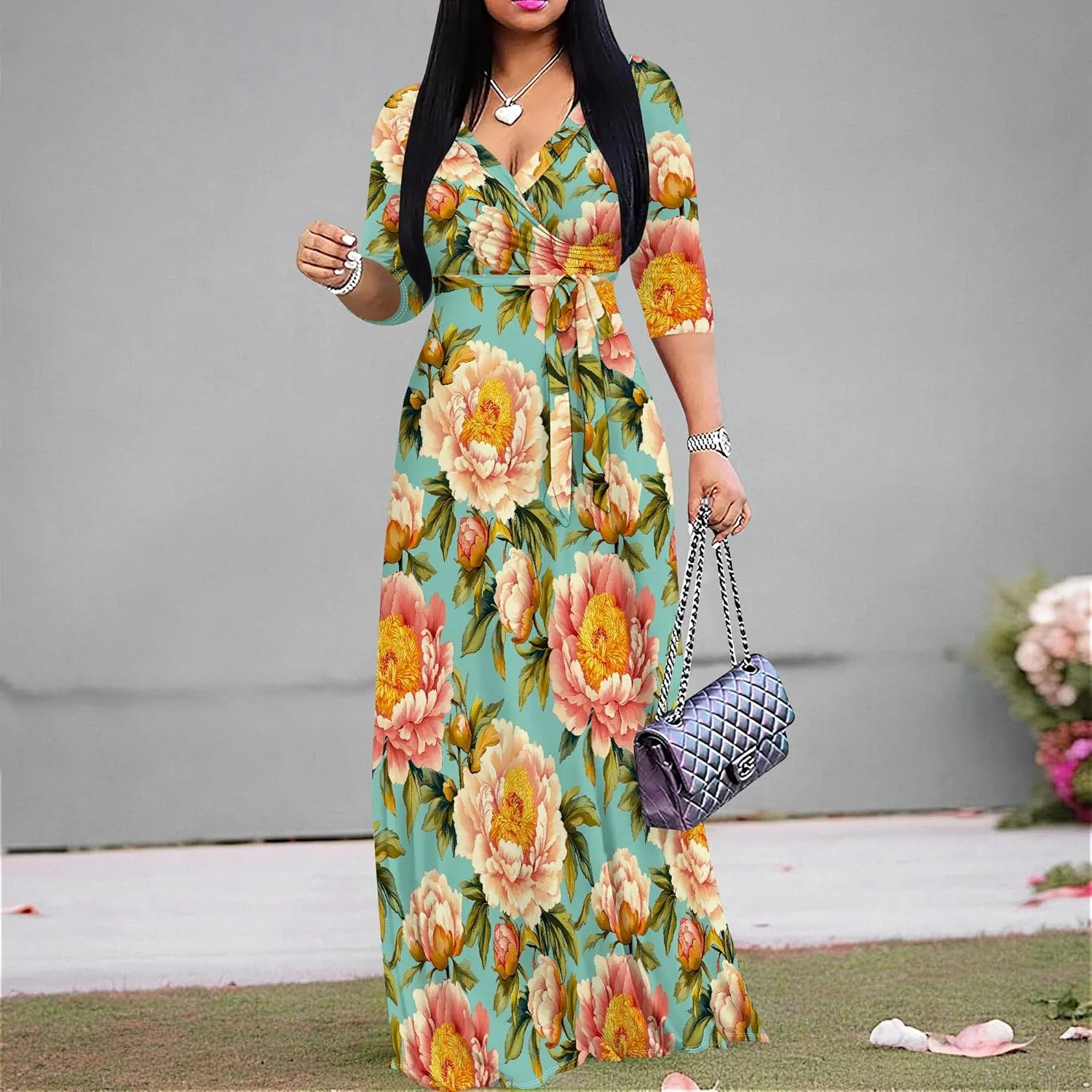 Plus Size Dresses for Women Floral Print Maxi Dress Wrap Boho 3/4 Sleeve with Belt Wedding