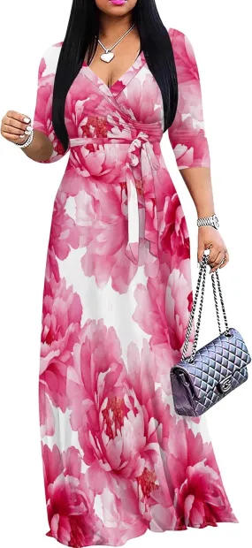 Plus Size Dresses for Women Floral Print Maxi Dress Wrap Boho 3/4 Sleeve with Belt Wedding