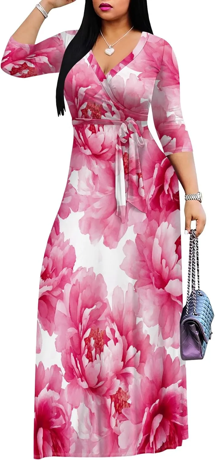 Plus Size Dresses for Women Floral Print Maxi Dress Wrap Boho 3/4 Sleeve with Belt Wedding