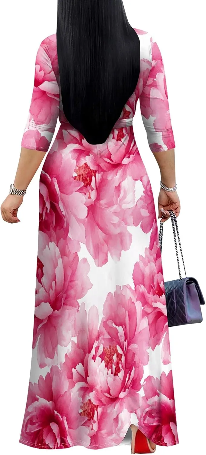 Plus Size Dresses for Women Floral Print Maxi Dress Wrap Boho 3/4 Sleeve with Belt Wedding