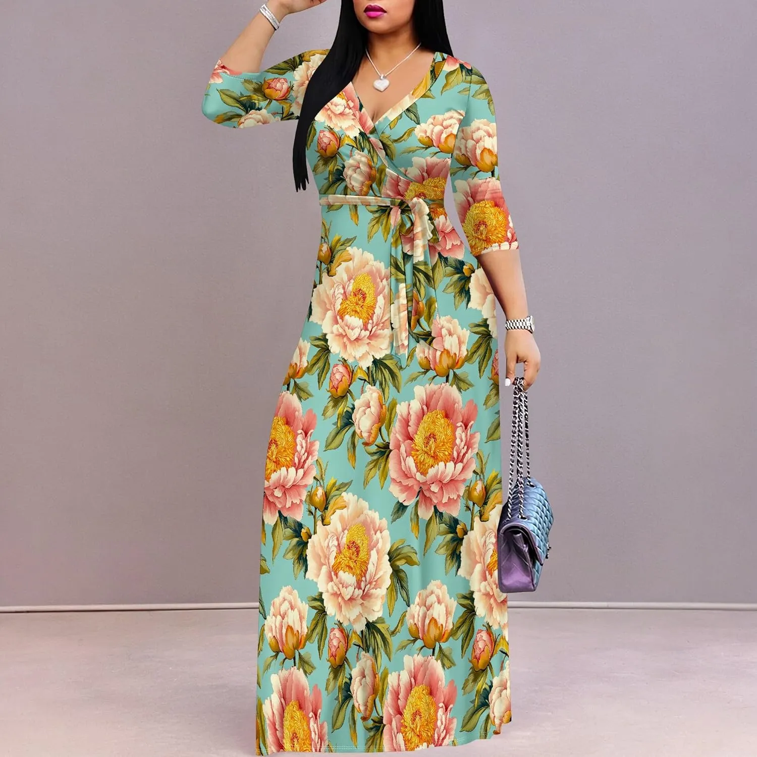 Plus Size Dresses for Women Floral Print Maxi Dress Wrap Boho 3/4 Sleeve with Belt Wedding