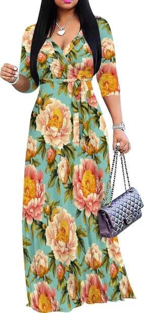 Plus Size Dresses for Women Floral Print Maxi Dress Wrap Boho 3/4 Sleeve with Belt Wedding