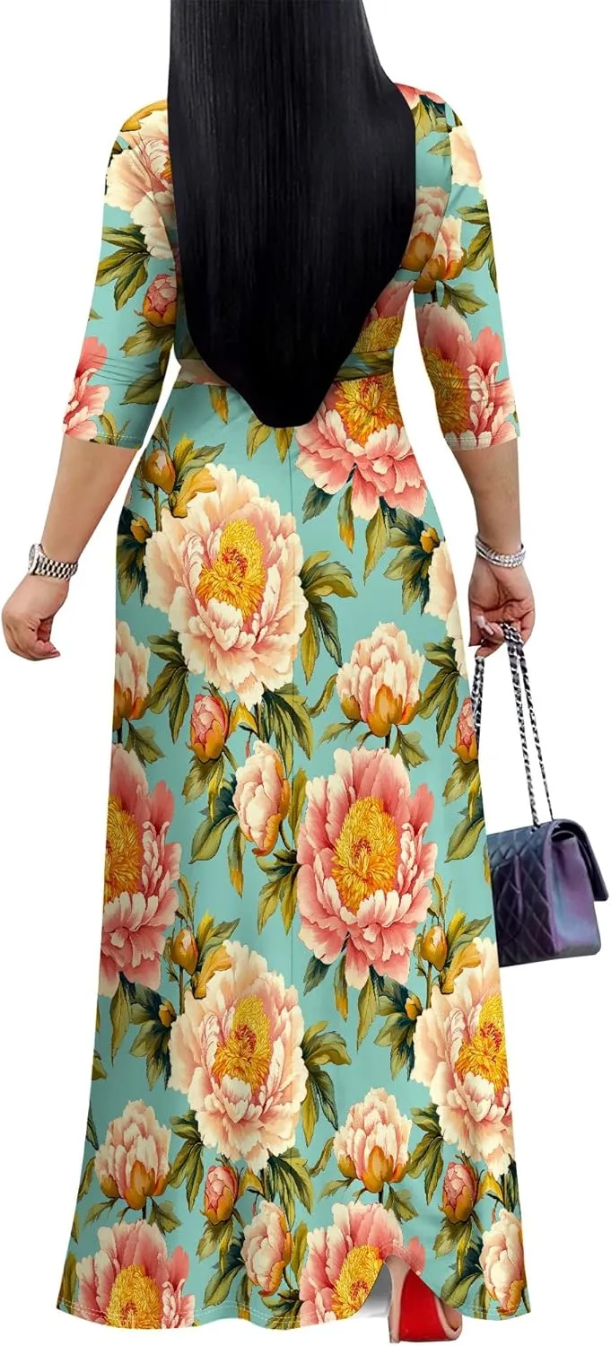 Plus Size Dresses for Women Floral Print Maxi Dress Wrap Boho 3/4 Sleeve with Belt Wedding