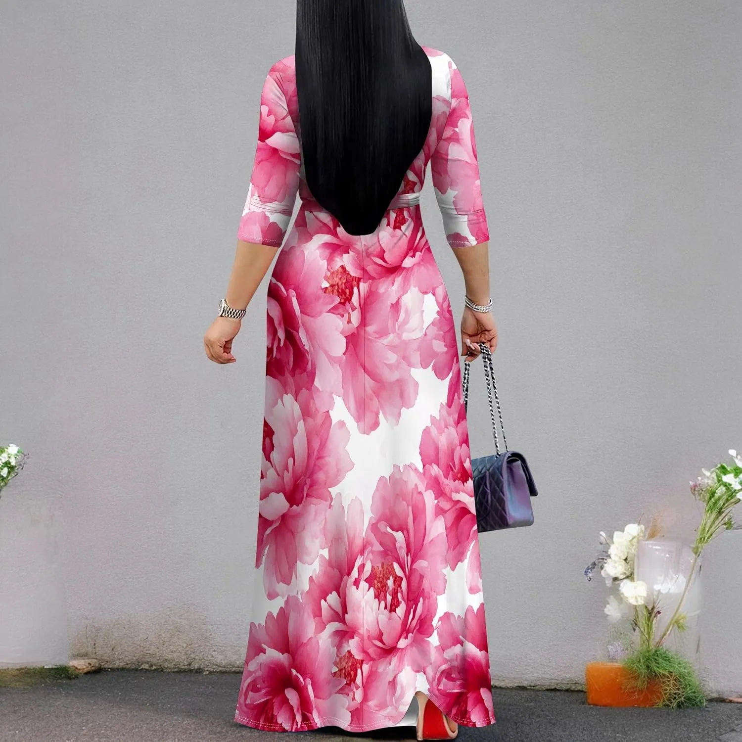 Plus Size Dresses for Women Floral Print Maxi Dress Wrap Boho 3/4 Sleeve with Belt Wedding