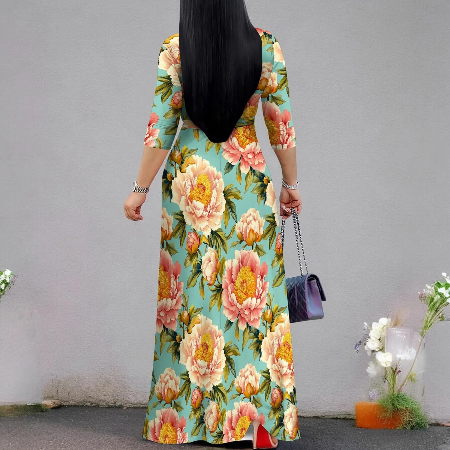 Plus Size Dresses for Women Floral Print Maxi Dress Wrap Boho 3/4 Sleeve with Belt Wedding
