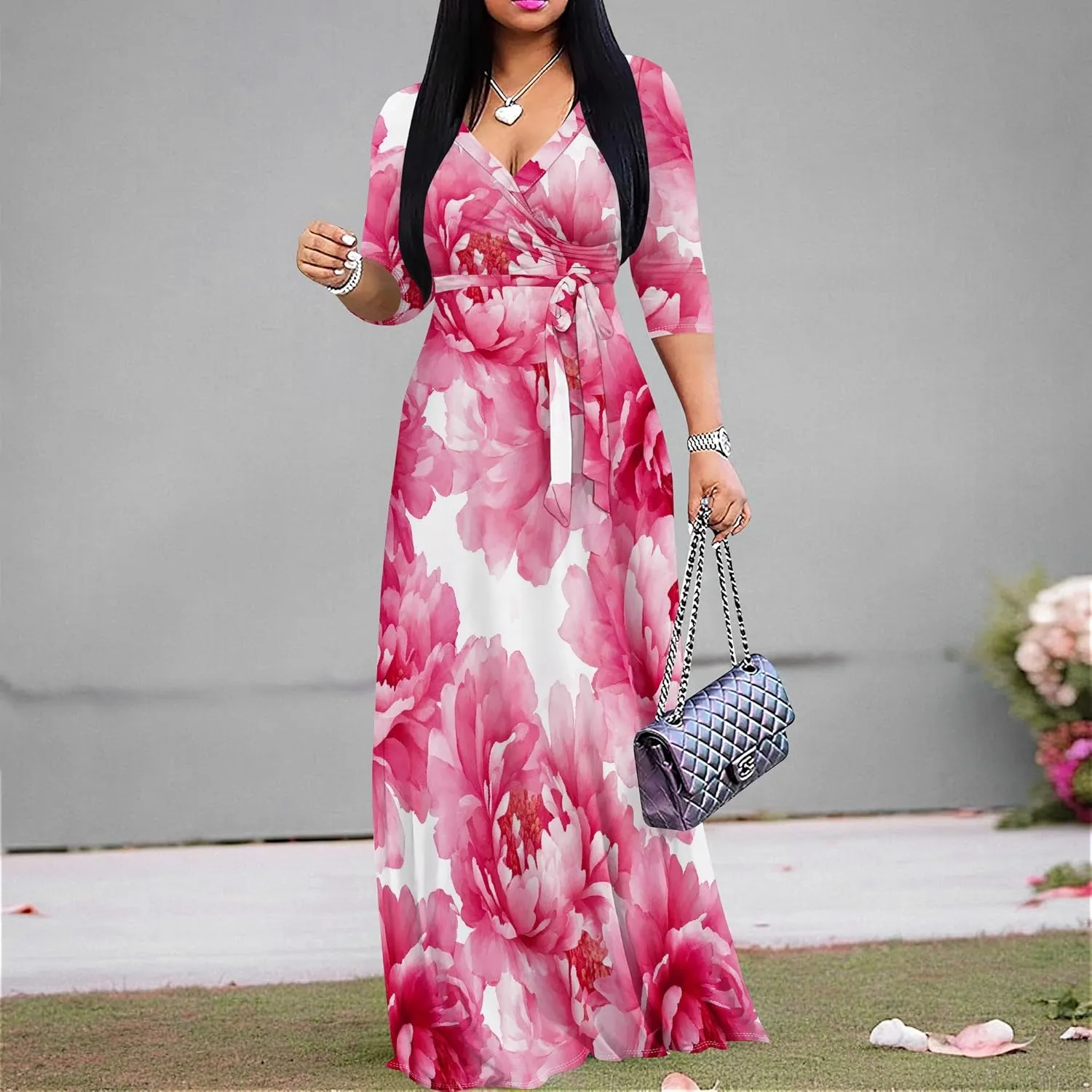Plus Size Dresses for Women Floral Print Maxi Dress Wrap Boho 3/4 Sleeve with Belt Wedding