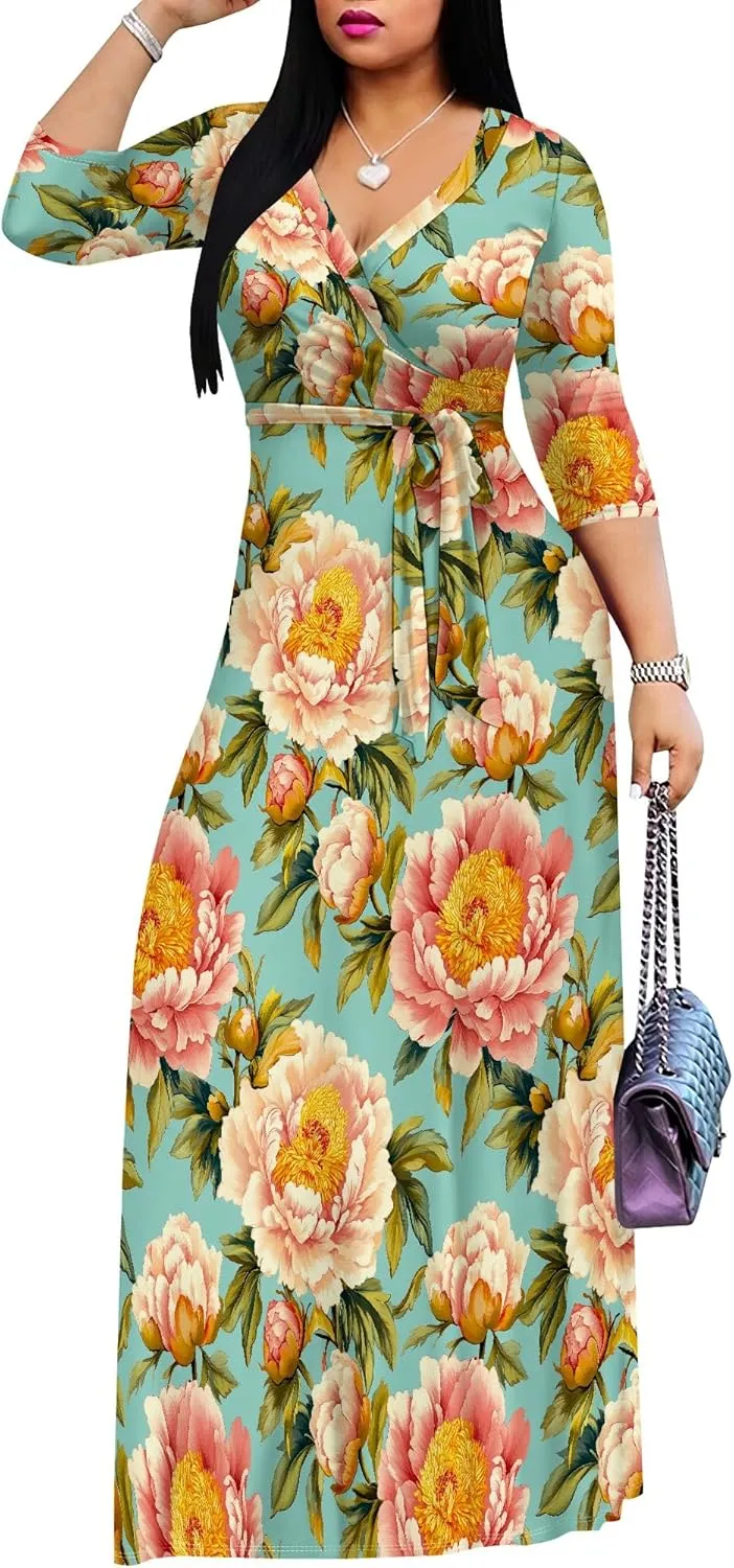 Plus Size Dresses for Women Floral Print Maxi Dress Wrap Boho 3/4 Sleeve with Belt Wedding