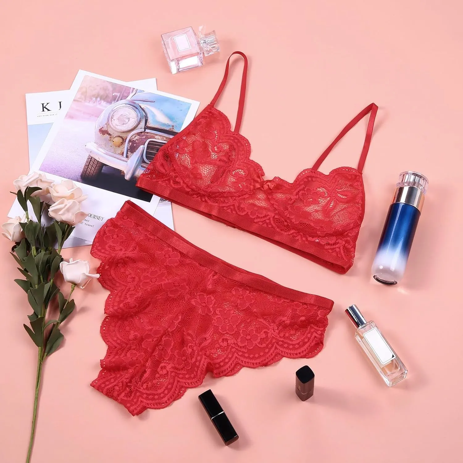 Sexy Floral Lace Bra and Panty Sets Scalloped Deep V Neck Bow Knot Lingerie Sets See Through Backless Underwear