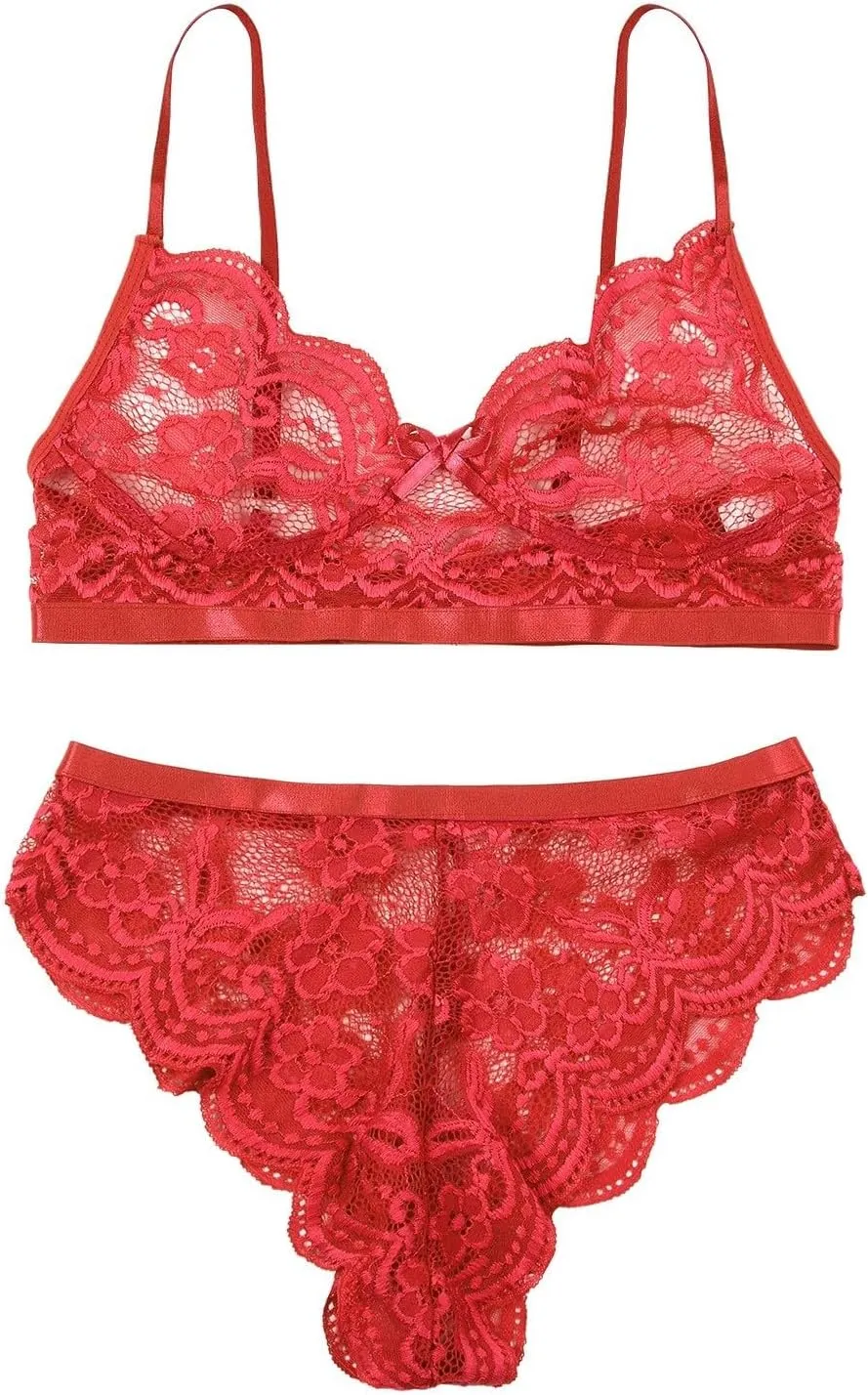 Sexy Floral Lace Bra and Panty Sets Scalloped Deep V Neck Bow Knot Lingerie Sets See Through Backless Underwear