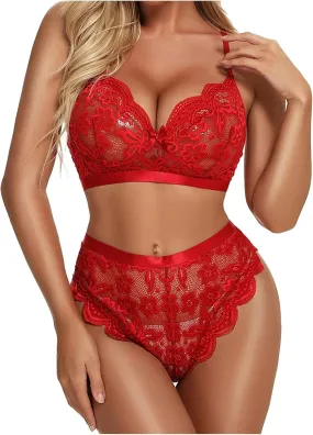 Sexy Floral Lace Bra and Panty Sets Scalloped Deep V Neck Bow Knot Lingerie Sets See Through Backless Underwear