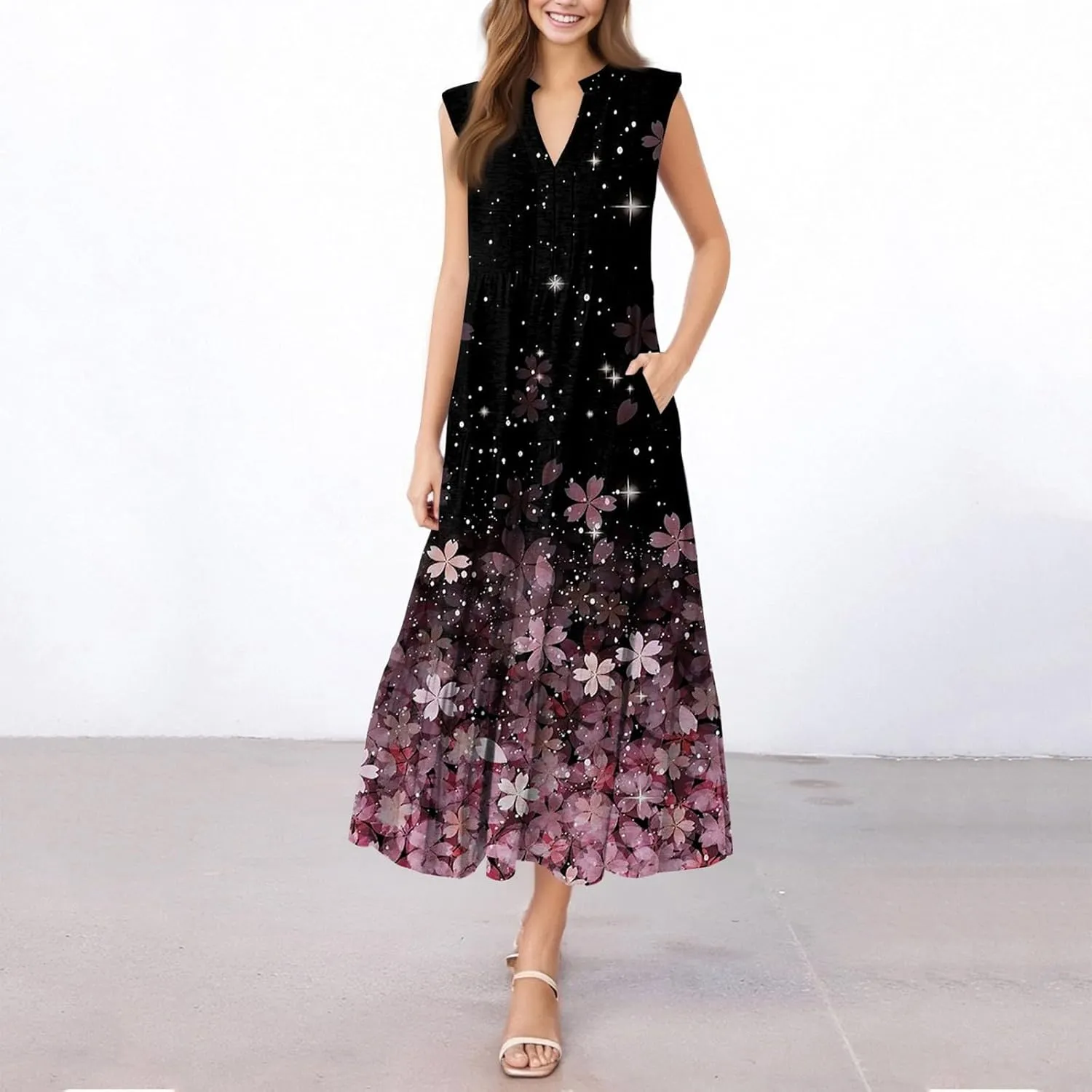 Summer Dresses for Women 2025 Maxi Casual Floral Boho Sundresses Sleeveless V-Neck Pleated Beach Vacation Tank Dress