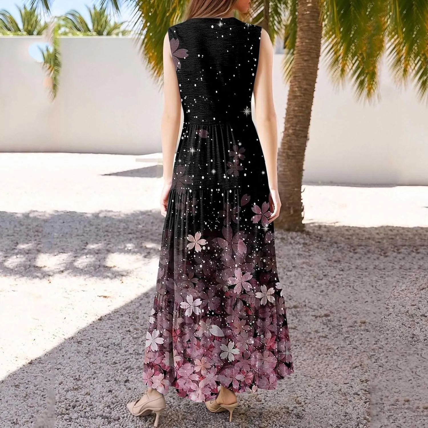Summer Dresses for Women 2025 Maxi Casual Floral Boho Sundresses Sleeveless V-Neck Pleated Beach Vacation Tank Dress