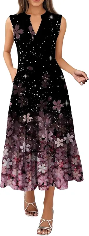Summer Dresses for Women 2025 Maxi Casual Floral Boho Sundresses Sleeveless V-Neck Pleated Beach Vacation Tank Dress