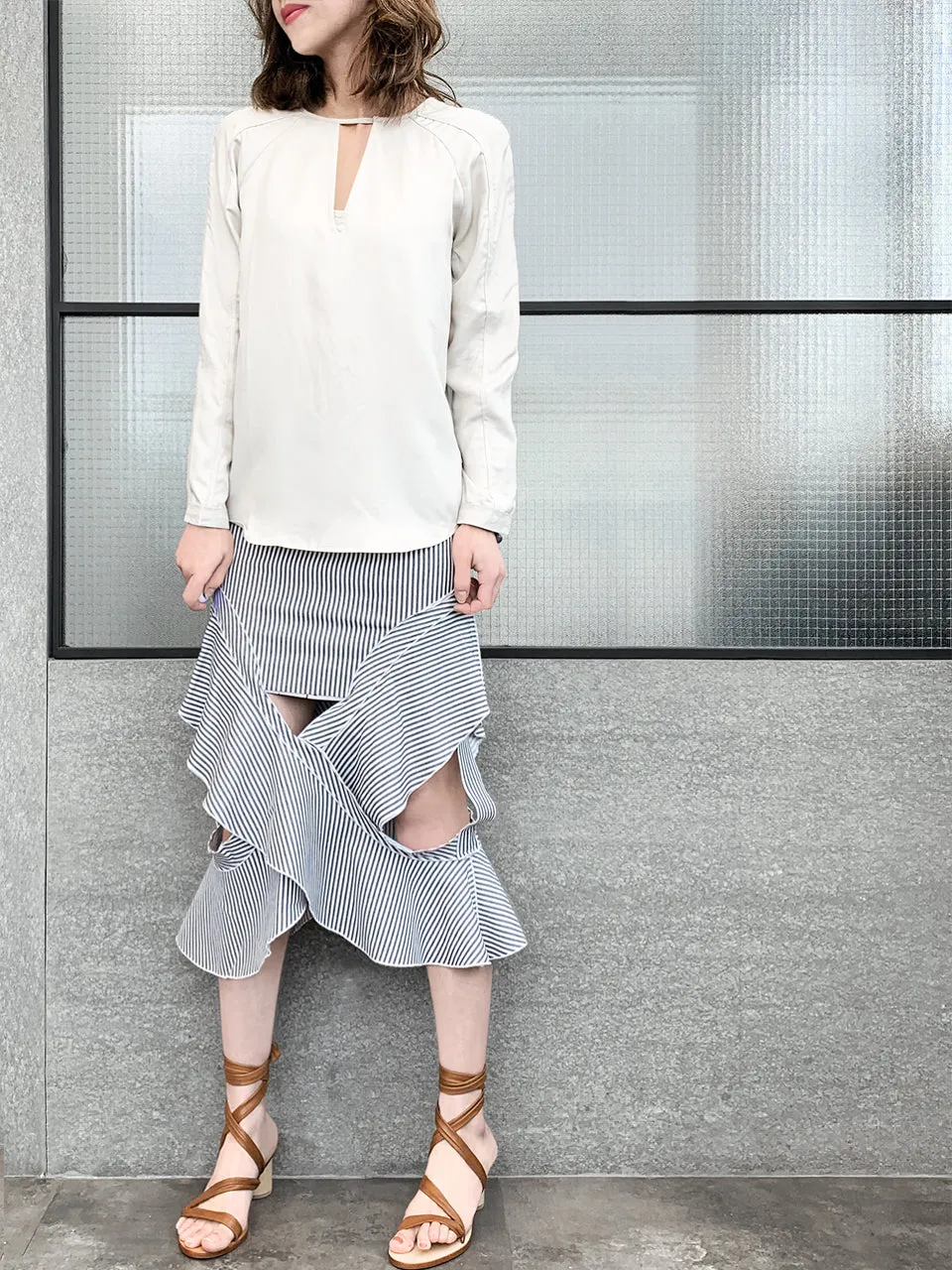 Surprise Sale! Blue-Grey with White Stripe Ruffled Cut-out Skirt