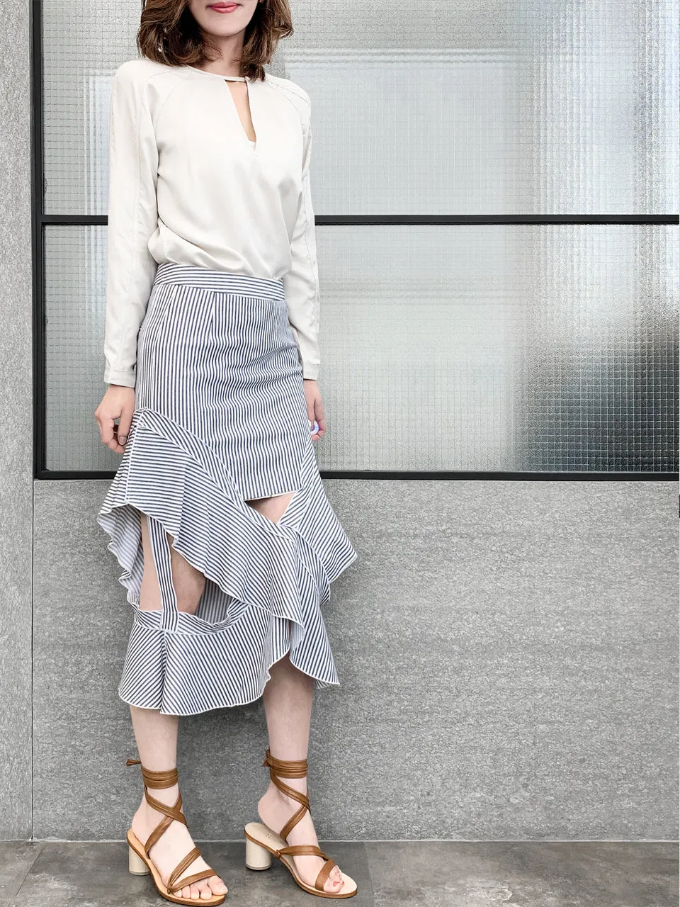 Surprise Sale! Blue-Grey with White Stripe Ruffled Cut-out Skirt