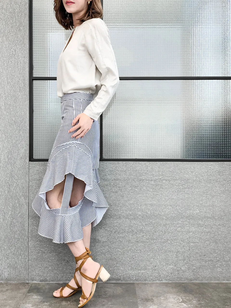 Surprise Sale! Blue-Grey with White Stripe Ruffled Cut-out Skirt
