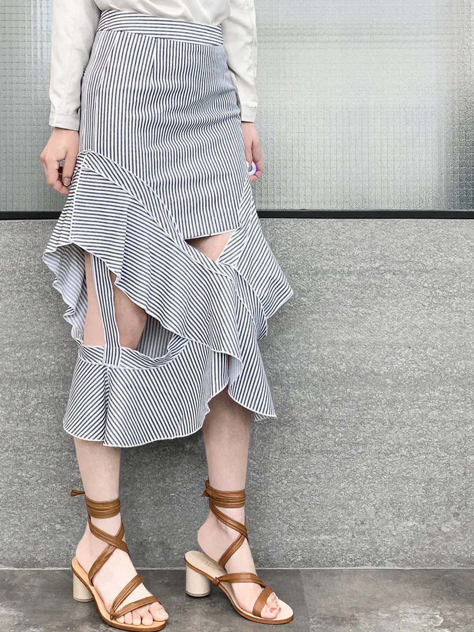 Surprise Sale! Blue-Grey with White Stripe Ruffled Cut-out Skirt