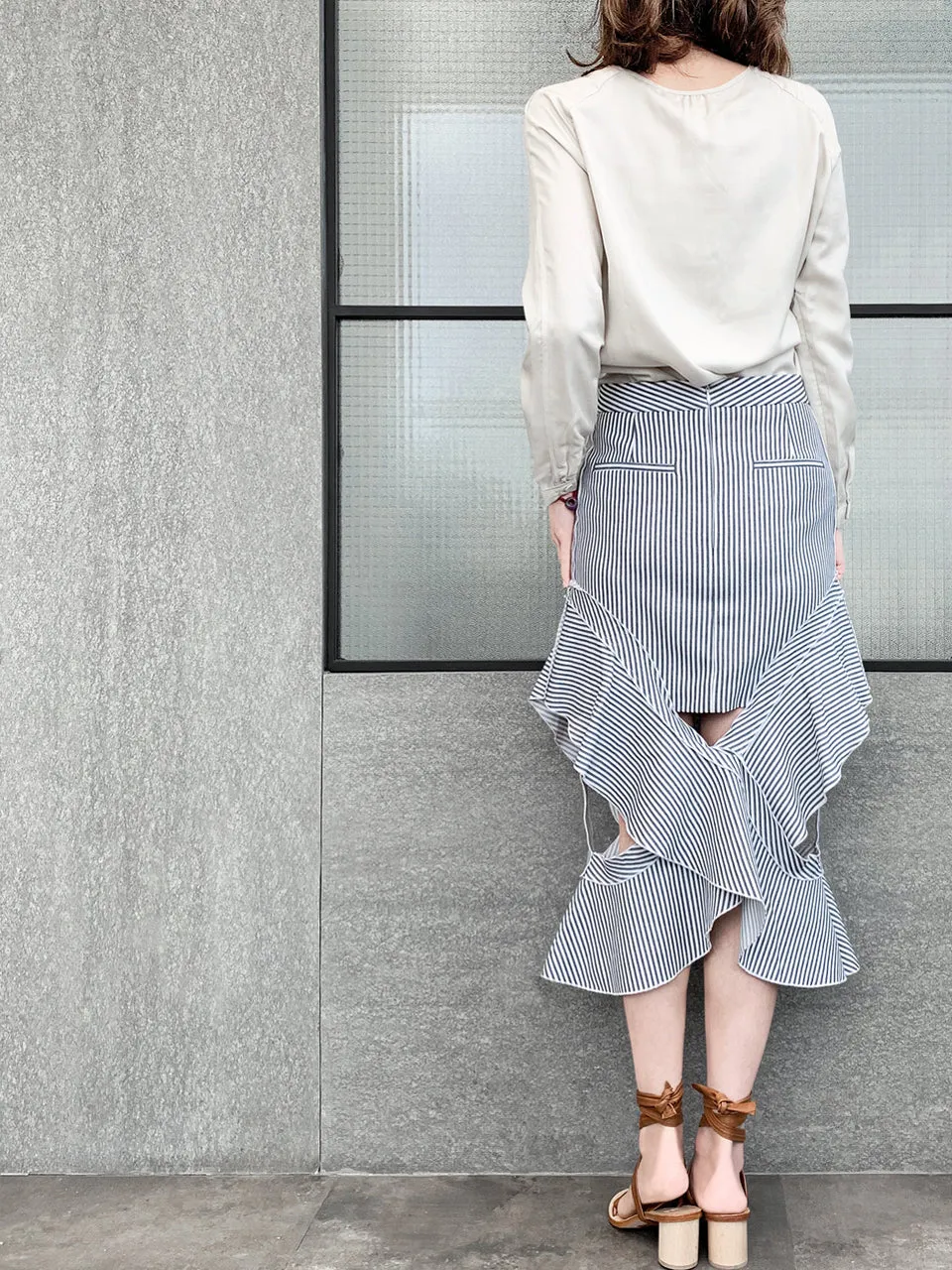 Surprise Sale! Blue-Grey with White Stripe Ruffled Cut-out Skirt