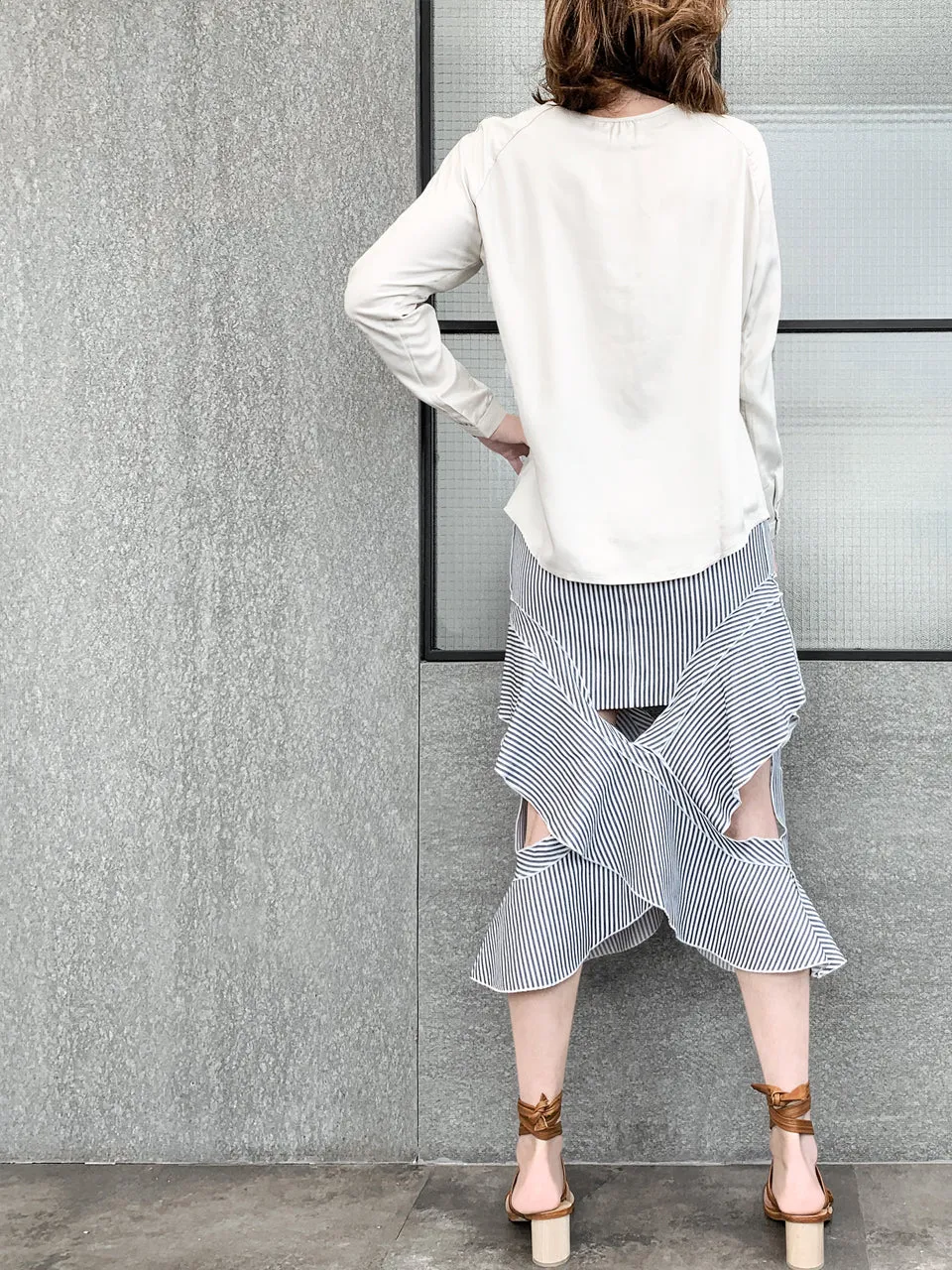 Surprise Sale! Blue-Grey with White Stripe Ruffled Cut-out Skirt