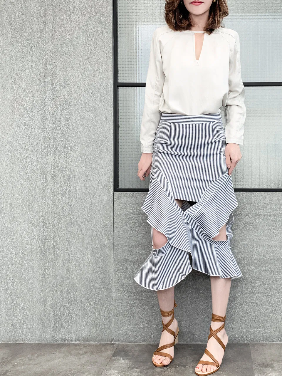 Surprise Sale! Blue-Grey with White Stripe Ruffled Cut-out Skirt