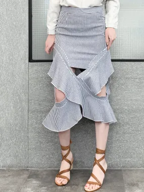 Surprise Sale! Blue-Grey with White Stripe Ruffled Cut-out Skirt